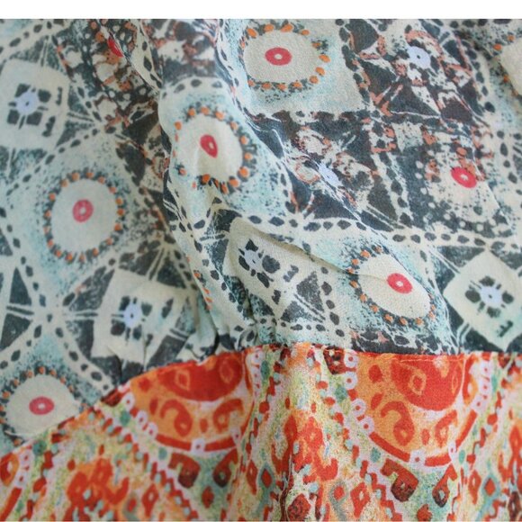 Coldwater Creek Top 100% Silk Blouse Faux Wrap Womens M Orange Green Boho 70's - Picture 3 of 8